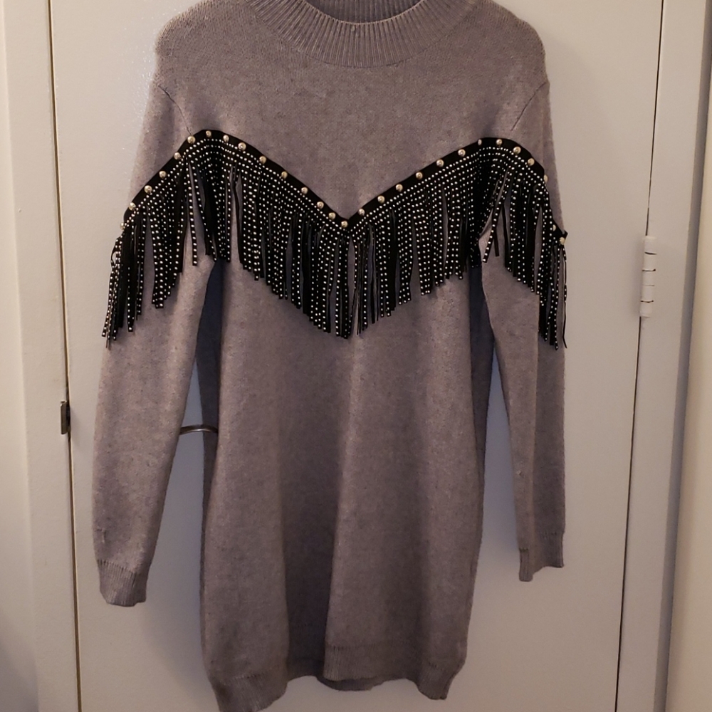 Studded Fringe Sweater Dress